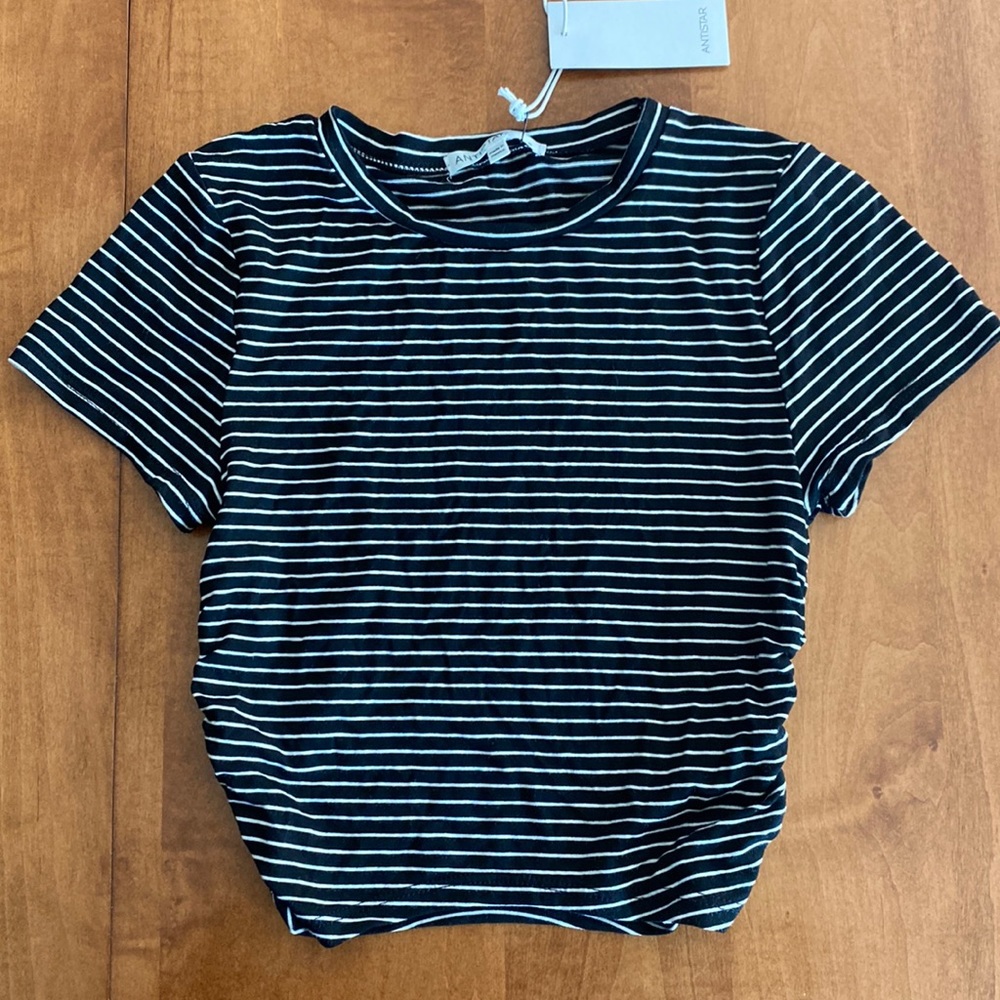 Teens Antistar Black and White Strip Short Sleeve crop top